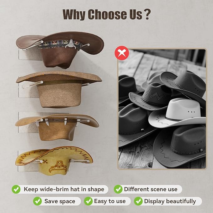 Cowboy Hat Rack for Wall: 4 Pack Acrylic Hat Holder Organizer - Western Rustic Wall Mounted Hat Hanger Stand for Cowboy Hat, Fedora, Sun Hats