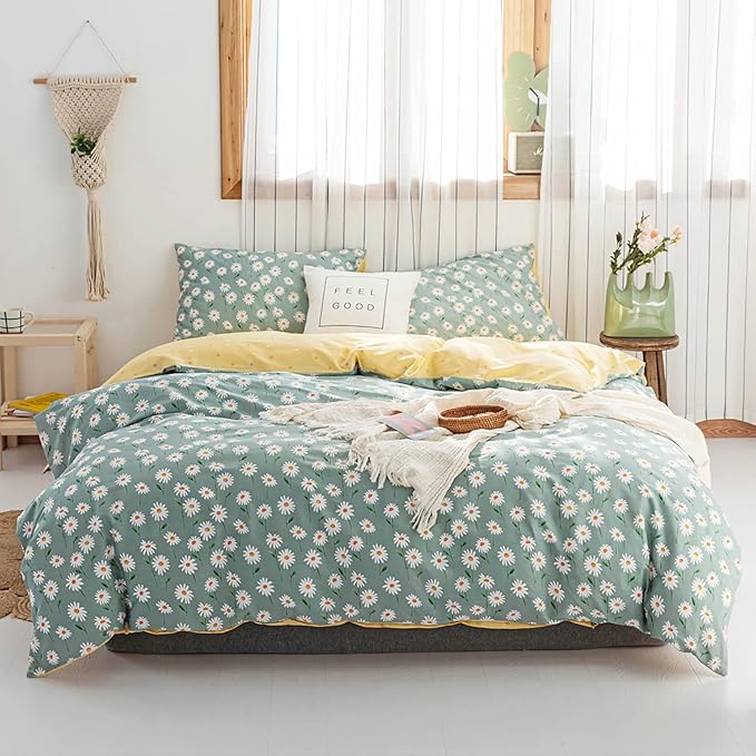 EAVD Garden Style Daisy Floral Comforter Set Twin XL Sage Green Soft Microfiber Fresh Chic Daisy Bedding Comforter with 2 Pillowcases Botanical Comforter Set for All-Season