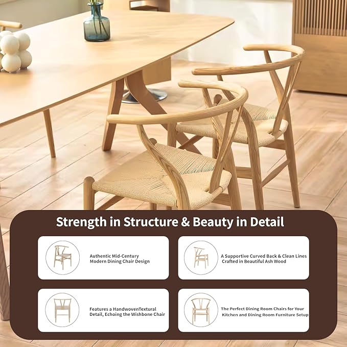 Tomile Wishbone Chair Y Chair, Wooden Dining Chairs Set of 2, Mid Century Modern Chairs with Arms, Solid Wood Weave Seat Kitchen & Dining Room Chairs (Ash Wood - Natural Wood Color)