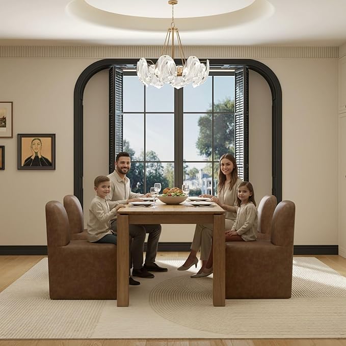 Brown Upholstered Leather Dining Chairs Set of 6, Mid Century Modern Dining Room Chairs with Deep Seat & Curved Back, Armless Side Chair Comfy Kitchen Chairs for Living Room/Kitchen