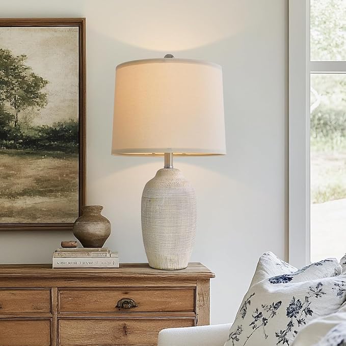 24 inch Vintage Ceramic Table Lamp - Single Farmhouse Rustic Bedside Lamp with Natural Textured Finish, Nightstand Lamps for Living Room, Bedroom, End Table