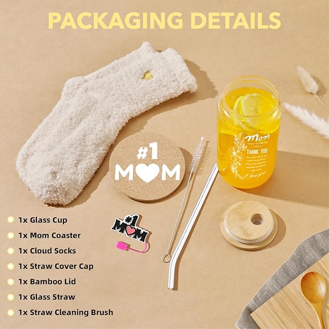 Gifts for Mom, Mothers Day Gifts from Daughter Son, 16oz Ice Coffee Glass Cup with Bamboo Lids, Straws, Birthday Present Ideas for Mom Wife Sister Friends - Including Straw Cap, Cozy Socks