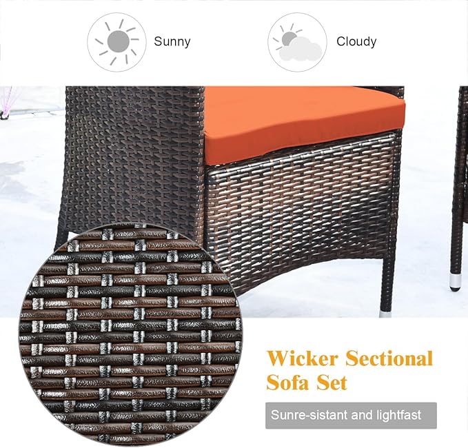 Tangkula 4 Pieces Patio Rattan Conversation Set, Outdoor Wicker Furniture with Tempered Glass Coffee Table & Thick Cushion, Rattan Chair Wicker Set for Garden, Lawn, Poolside and Backyard (1, Orange)