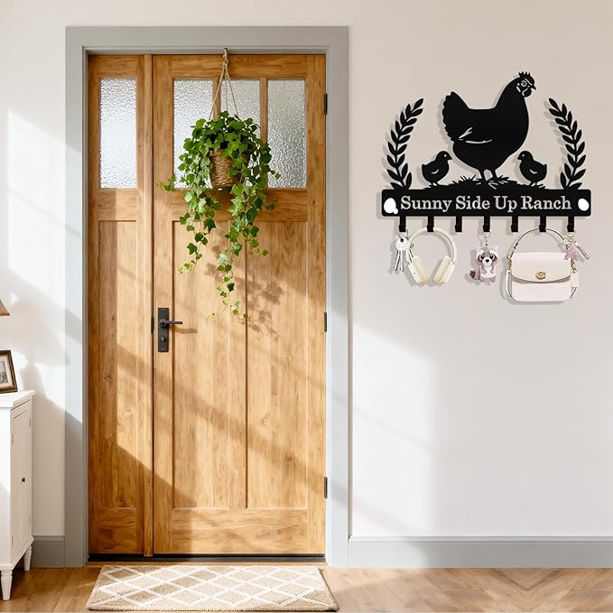 Personalized Chicken Key Holder Wall Mount, Custom Metal Key Holder for Wall with Name, Custom Keys Rack Hanger with Hooks for Entryway, Front Door, Hallway, Living Room, Kitchen