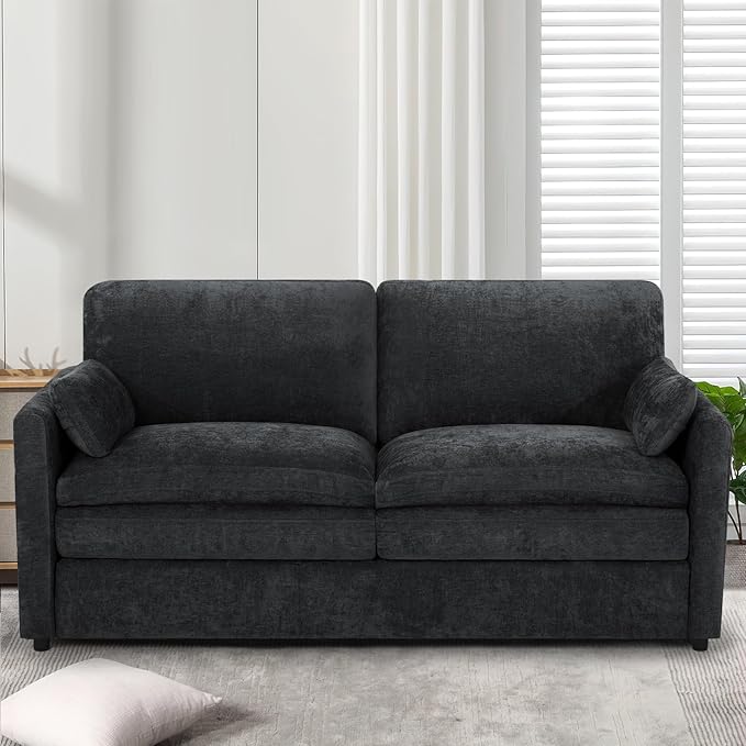 69" Chenille 2 Seats Sofa with 2 Pillows, Modern Upholstered Sofa with Deeper Seats, Comfy Sofa with Thickened Cushions for Living Room, Apartment, Black