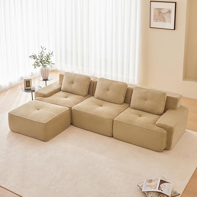 Camel Ottoman for Modular Sectional Sofa, Corduroy Deep Seat for Oversized Compressed Boneless Sectional Couches for Living Room Bedroom Apartment, Cloud Sofa Couch Set, Memory Foam, No Assembly
