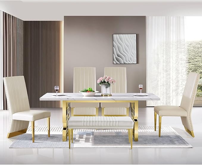 AUZ White Dining Chairs Set of 8, White Leather Upholstered Dining Room Chairs with Nailhead Trim, Luxury Dining Chairs with Polished Gold Metal Legs