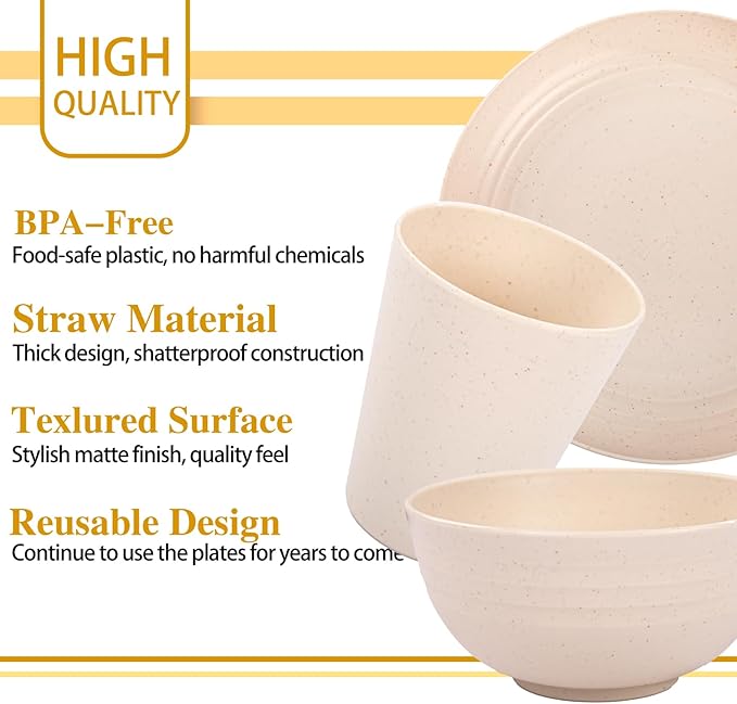 LIYH 16 Pcs Beige Wheat Straw Dinnerware Sets - Unbreakable Dinner Cream Plates,for 4 Plates and Bowls Set, Plastic Dinnerware Set Wheat Straw Bowls Cups Dish for 4 for Kitchen & Camping