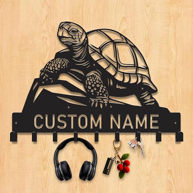 Custom Tortoise Metal Key Holder for Wall, Personalized Family Name Metal Sign with Hooks, Entryway Coat Rack and Organizer for Keys, Leashes, Hats (Style-2)