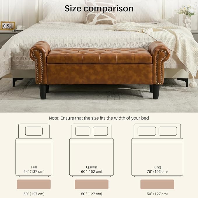 Queen End of Bed Bench with Storage, Faux Leather Tufted Button Upholstered Ottoman, Window Bench for Living Room, Entryway - Brown