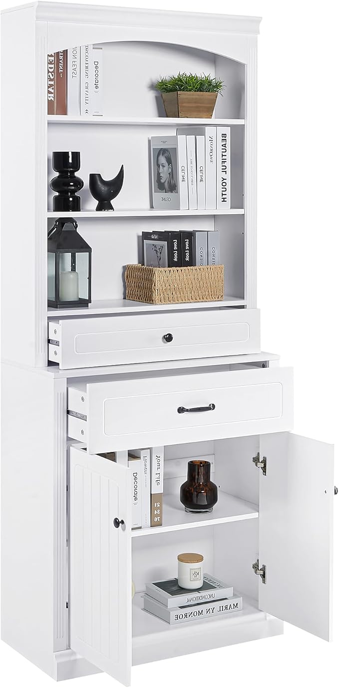 Tall Cabinet with 2 Drawers and Doors, Multi-Functional Storage Unit/Bookcase, Kitchen Cabinets, Pantry Cupboard for Living Room/Home Office/Bathroom, White