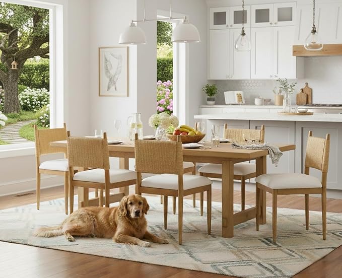CIMOTA Modern Dining Chairs Set of 4, Mid Century Upholstered Dining Room Chairs with Woven Back, Armless Kitchen Chairs with Natural Solid Wood Legs, Linen Beige