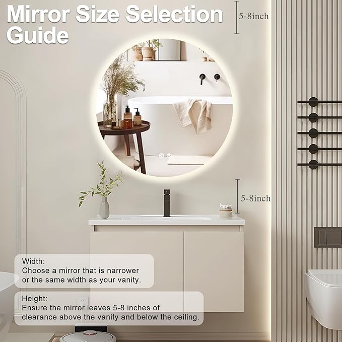 36 Inch Round LED Bathroom Mirror Backlit Anti-Fog Wall Mounted Lighted Bathroom Vanity Mirror 3 Colors Light Dimmable Smart Makeup Mirror with Touch Switch