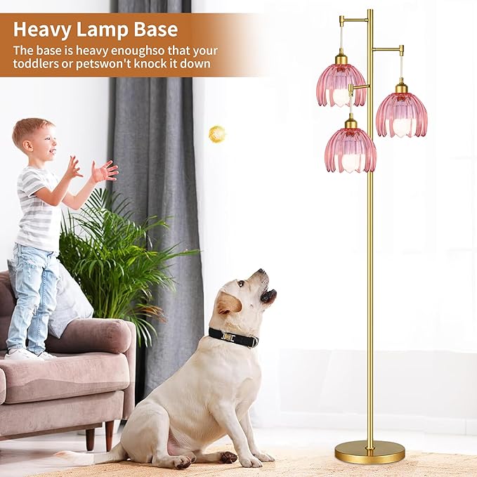 Vintage Floor Lamps for Living Room Bedroom-3 Light Glass Floor Lamp with Three Led Bulb, Tall Flower Floor Lamp Gold Mid Century Modern Standing Lamp Tree Floor Lamps for Living Room Bedroom Corner