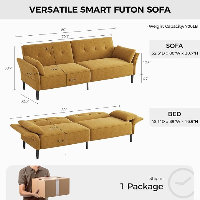 89” Futon Sofa Bed, Comfy Futon Couch Bed with 2 Square Pillows,Convertible Sleeper Sofa with Adjustable Backrest& Armrests, Modern Loveseat Sleeper for Living Room,Velvet Fabric Yellow