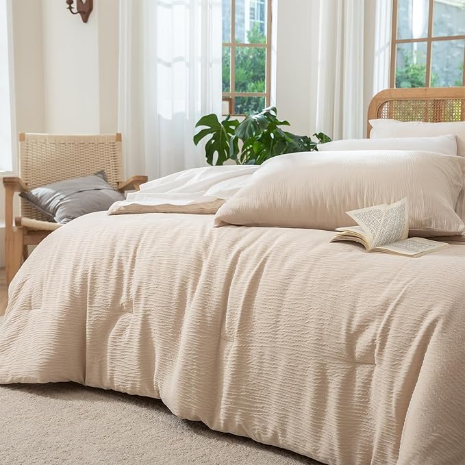 King Size Comforter Set Beige, 3 Pieces Double-Layer Crinkle Gauze Soft Bedding for All-Season Lightweight Warmth with 2 Pillowcases