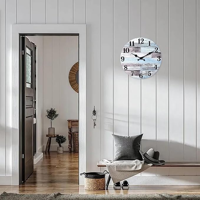XNM Blue Wood Wall Clocks Battery Operated 14 Inch Rustic Wall Clock Non Ticking Analog Clock for Bedroom(MDF No Solid Wood)
