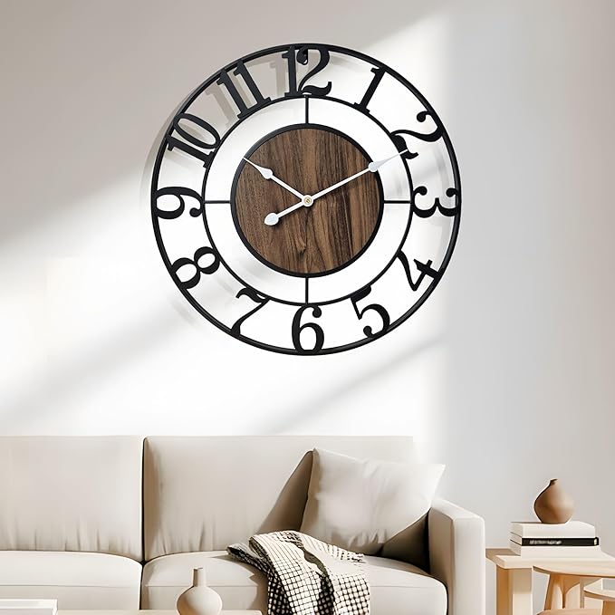 Large Metal Wall Clock, 30 Inch Retro Decorative Silent, Non Ticking, Battery Operated Modern Big Wood Wall Clock for Living Room, Farmhouse, Bedroom, Fireplace, Kitchen, Office, Home Decor
