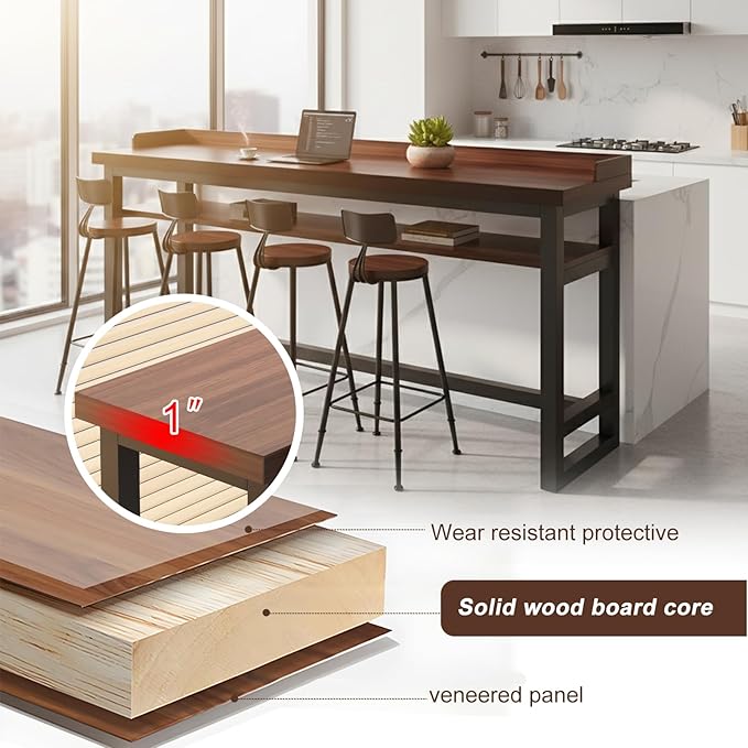 Solid Wood Rectangular Bar Table - Metal Frame Long Sofa Table for Kitchen, Dining Room, Coffee Shop & Home Bar No Chairs Dark Walnut(Single-Layer+Guard) 39.5×11.9×41"