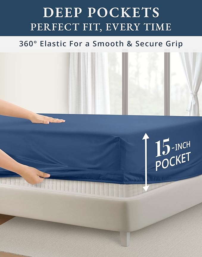 LANE LINEN 100% Egyptian Cotton Queen Sheet Set, Luxury Hotel Like Thick Fully Elasticized Mercerized Sheets Queen Size Set, No Pill Fade Resistant Bedding Sheets & Pillowcase Set - Sea Sail