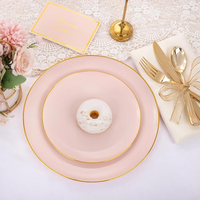 PULOTE 100PCS Pink Plastic Plates - Heavy Duty Pink and Gold Disposable Plates for Party, Wedding & Mother’s Day, Include 50 Dinner Plates and 50 Dessert Plates