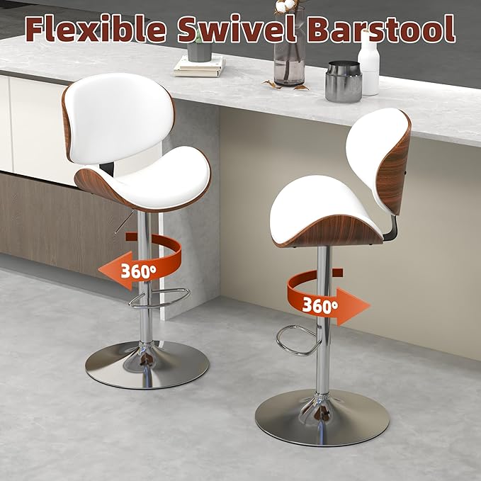civama Bar Stools Set of 6 for Kitchen Counter, Adjustable Bar Height Chairs, Modern Swivel Barstools with Bentwood Seat and Back with Footrest for Kitchen Island, Dining Room, White PU Leather