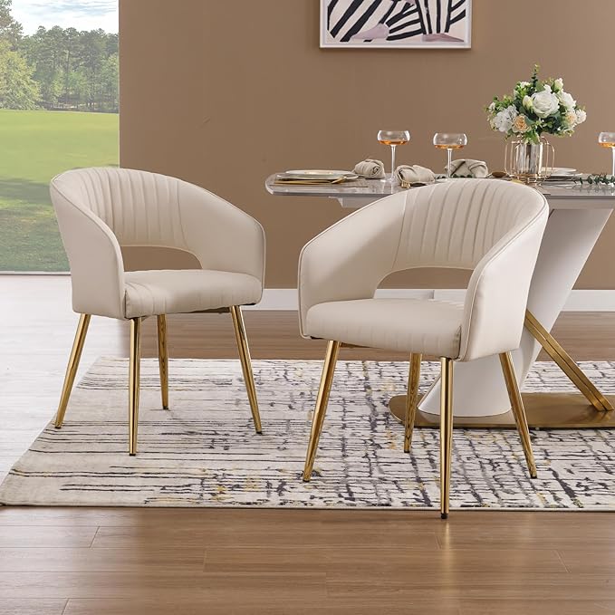 Modern Dining Chairs Set of 4, Upholstered PU Leather Gold Dining Room Chairs with Hollow Back, Accent Armrest Kitchen Chairs with Gold Legs for Living Room Cream