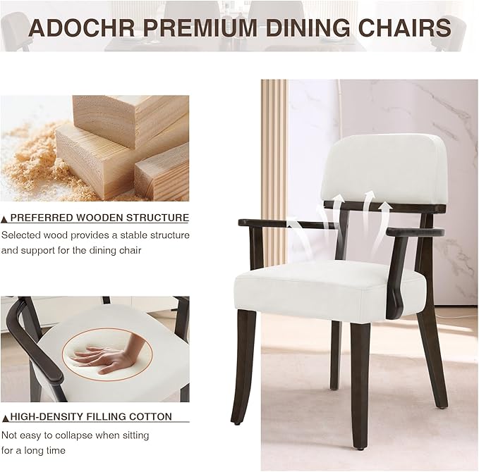 Modern Wood Dining Chairs Set of 6, Velvet Upholstered Kitchen Chairs with Open Curved Backrest & Black Hardwood Legs for Vanity, Living Room, 350 LBS Capacity, White