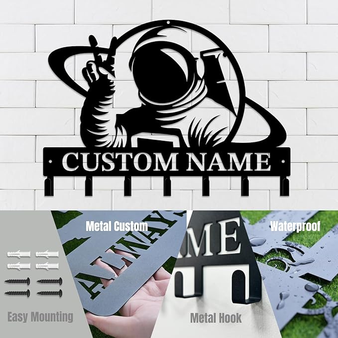 Personalized Custom Astronaut UFO Metal Wall Keys Hooks,Clothes Hooks Astronaut Art coat racks,door holder,Black Astronaut decorations for home,Entrance doors,Hallway, Bedroom,Keys,Hats (Style G)