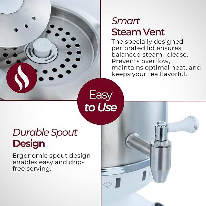 ETHNIQ - Electric Samovar | 4L Stainless Steel Turkish Tea Maker | Adjustable Temperature Controller | Boil Dry & Auto Shot-off | White