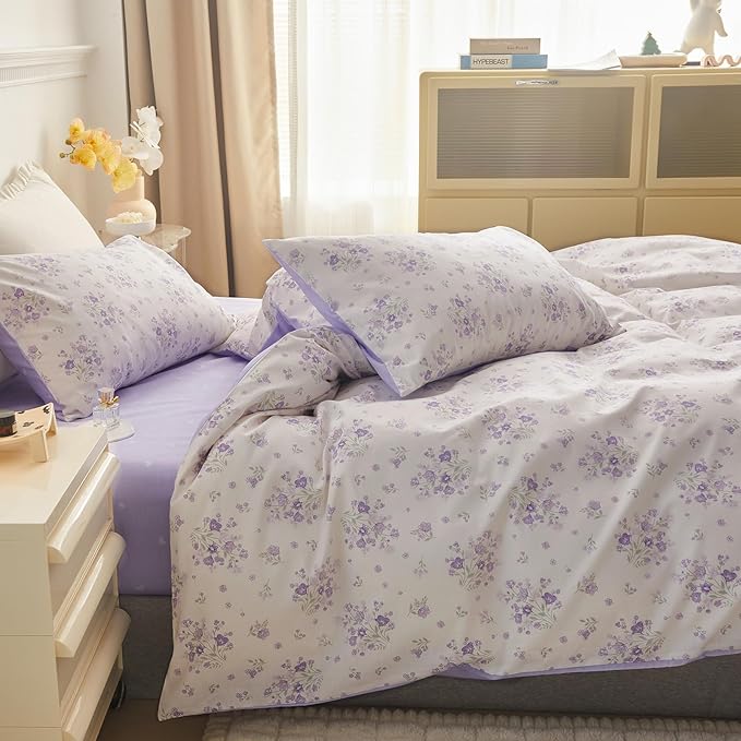 LifeTB Purple Floral Duvet Cover Twin XL Soft White 100% Cotton Chic Garden Floral Bedding Set Twin XL Aesthetic Girls Flower Comforter Cover Vintage Floral Botanical Duvet Cover with Zipper Closure