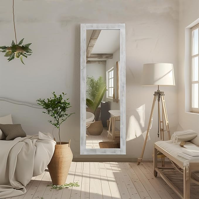 MELOMOIR Rustic Farmhouse Full Length Mirror with Wood Frame, 56"x21" Long Mirror for Bedroom Living Room Cloakroom, Free Standing Hanging or Leaning, Weathering White
