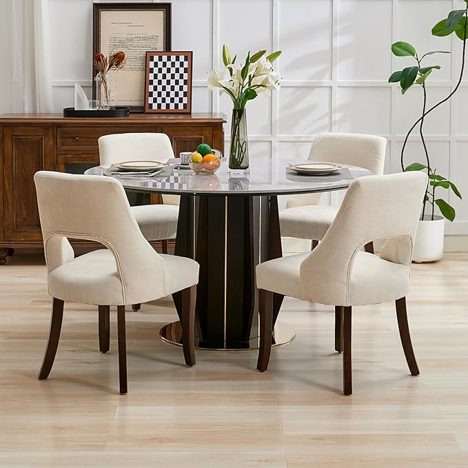 UVV Wooden Dining Chairs Set of 4, Mid Century Modern Fabric Upholstered Dining Room Chair Kitchen Chairs, Farmhouse Dinner Chair with Solid Wood Legs for Kitchen Dining Room, Beige