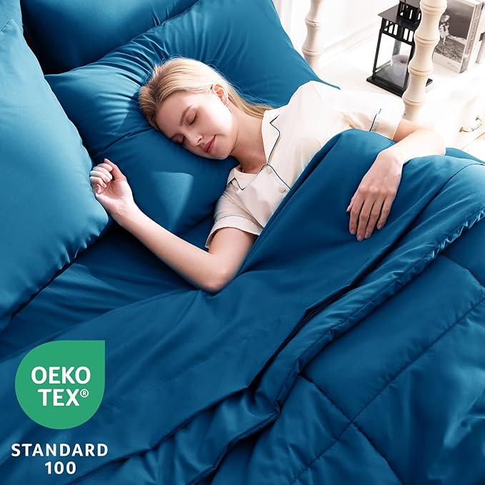 CozyLux King Size Comforter Set Teal, 7 Pieces Bed in a Bag, Teal Comforter King Size, All Season Bedding Sets with Stitch Quilted Comforter, Flat Sheet, Fitted Sheet, Pillowcases