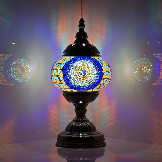 Turkish Moroccan Table Lamp Lantern with Handmade Mosaic Glass Lampshade Tiffany Style Bohemian Stained Glass Decorative Desk Lamps Bedside Night Lights for Bedroom (Blue Colorful)