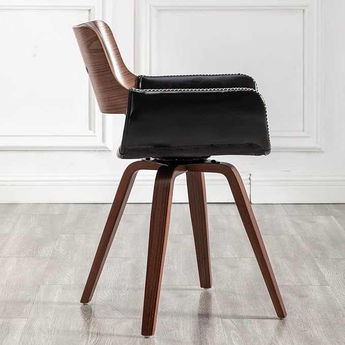 LUNLING Swivel Accent Faux Leather Dining Chairs Set of 2, Mid Century Modern Chairs with Wooden Legs/Armrest/Upholstered Seat/Adjustable Foots for Kitchen Dining Room Desk Chairs,Black…