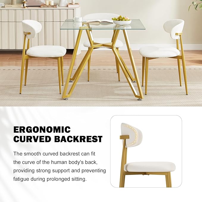 Velvet Dining Chairs Set of 4, Modern Kitchen Chairs with Curved backrests and Metal Legs, Upholstered Dining Chairs for Dining Room,White and Gold
