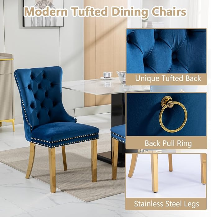 Goujxcy 3 Piece Round Glass Dining Table Set for 2, 36" Round Dining Table & Chair Set Modern Circle Glass Kitchen Table and 2 Velvet Upholstered Chairs for Kitchen Dining (Gold Table & Blue Chair)
