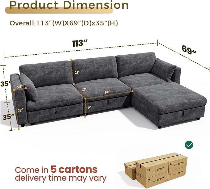 KKL Modular Sectional Oversize Sofa with Adjustable Backrest, 113" L Shaped Couches for Living Room, Down Filled Sectional Sofa Couch with Storage Ottoman Chenille, Grey