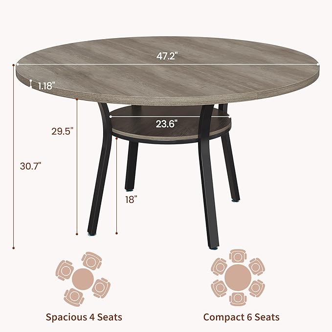 Garvee 47'' Round Dining Table for 4-6 People, Farmhouse Kitchen Dining Table, Round Dinner Table with Storage Shelf for Kitchen, Living Room (Table Only), Grey