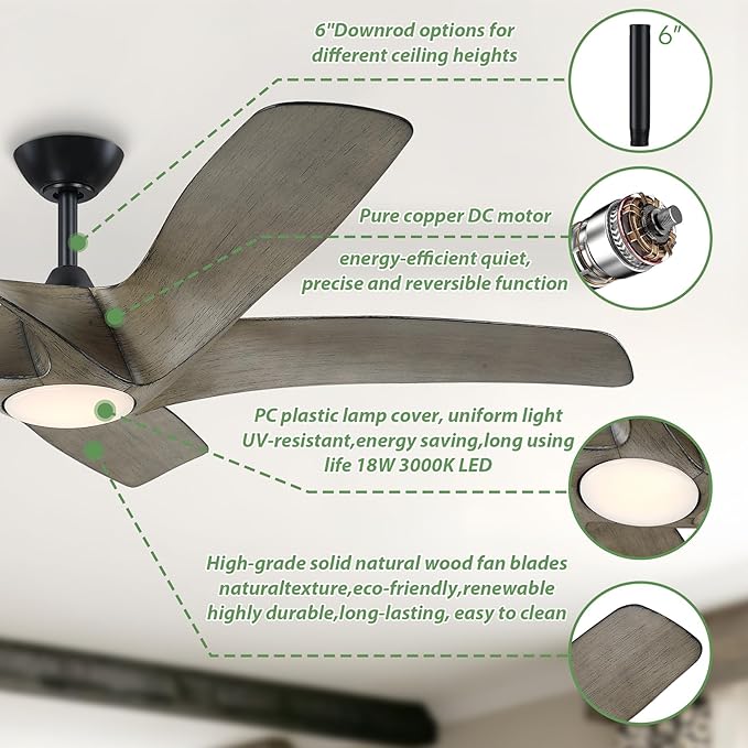 60 inch Wood Ceiling Fans with Lights and Remote,5 Blades Large Walnut Ceiling Fan, Outdoor Ceiling Fanwith 6 Speeds,Reversible DC Motor, Timer for Living Room, Farmhouse, Patio(Grey Oak)