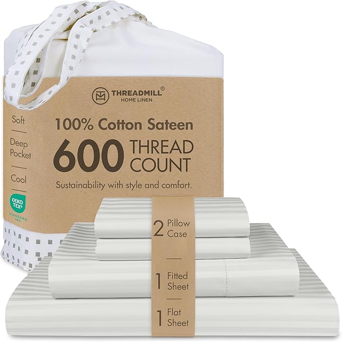 Threadmill 100% Cotton Sheets for King Size Bed - 600 Thread Count King Bed Sheets Set with 16” Deep Pocket - Damask Stripe Sateen Weave 4-Piece Bedding Set with Cooling Effect, Light Grey