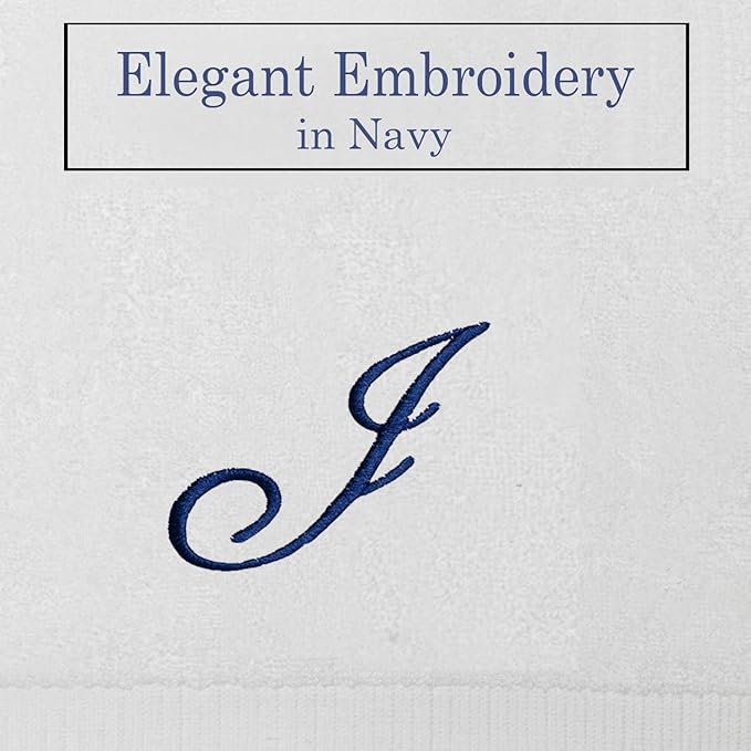 White Monogrammed Hand Towels for Bathroom - Luxury Hotel Quality Personalized Initial Embroidered Towel for Powder Room, Spa - GOTS Organic Certified - Set of 2 Navy Letter J