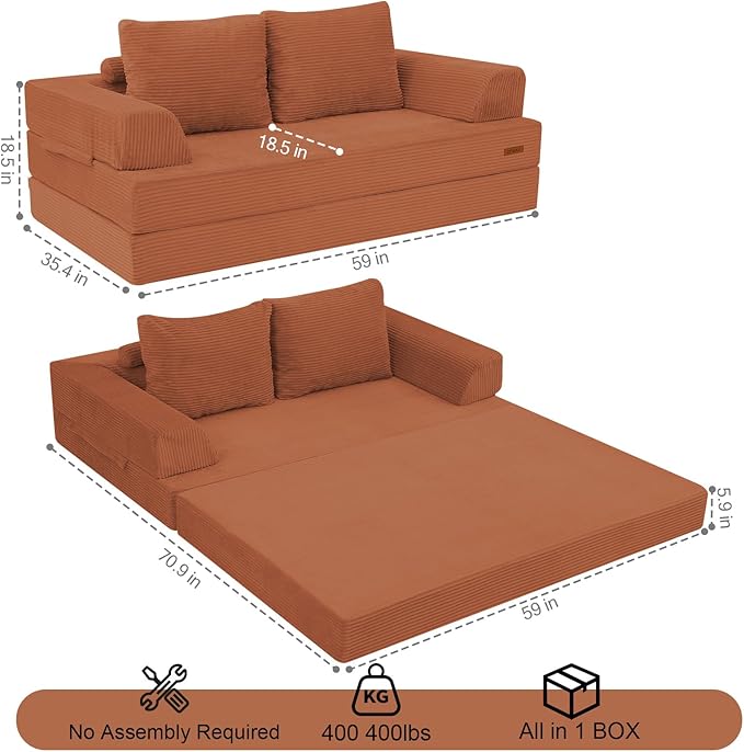 COMAX Convertible Sofa Bed, Folding Floor Couch Corduroy Fold Out Couch Bed Futon Sleeper Mattress with Pillows, Boneless Sofa Comfy Lounge Loveseat for Living Room Bedroom