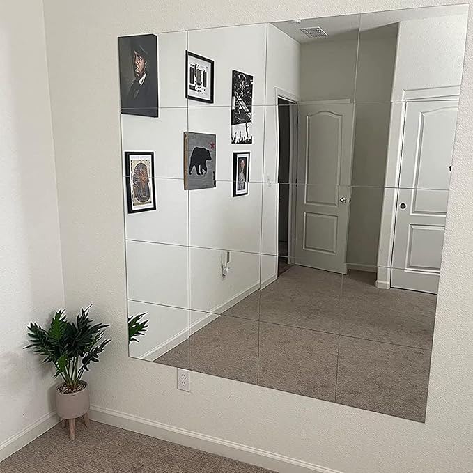 Full Length Wall Mirror Tiles, 12"x 12" x 12Pcs Acrylic Mirror Wall-Mounted, Shatterproof Non Glass Safety Mirrors Great for Baby Kids Playroom