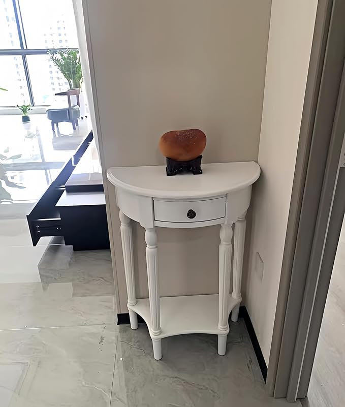 Solid Wood Console Table with Drawer, Semi-Circle Entryway Storage Shelf, Half-Moon Porch Table Side Elegant Vintage Sofa for Living Room (White (35.4" L x 15.0" W x 34.4" H))