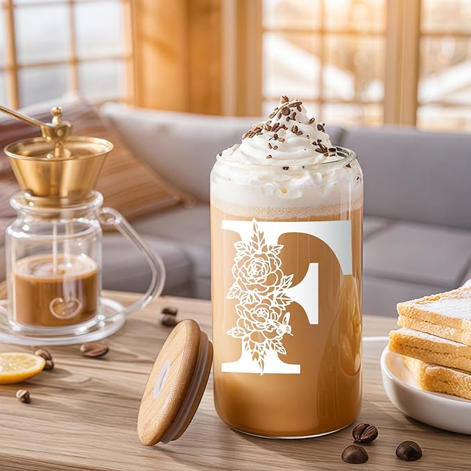 Christmas Gifts for Women: Initial Glass Cup as Office Graduation Memorial Holiday Personalized Gifts - for Mom Grandma Wife Girlfriend Sister Daughter Friend Christmas Gifts - F Aesthetic Cup