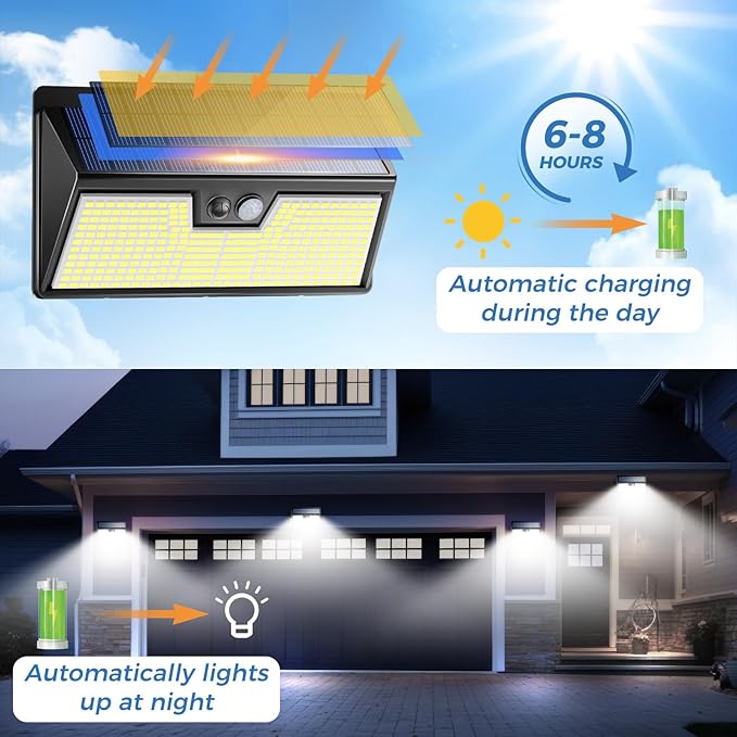 Peasur 318LED Solar Lights Outdoor Motion Sensor, 4 Pack Solar Powered Fence Wall Light IP65 Waterproof, 3 Modes Security Lighting for Outside Yard Patio Deck Step
