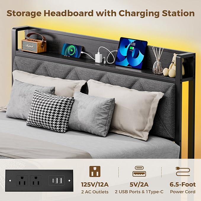 Bed Frame Queen Size with Charging Station and LED Lights, Upholstered Storage Headboard with 4 Drawers, Heavy Duty Metal Slats, Noise Free, Easy Assembly, No Box Spring Needed