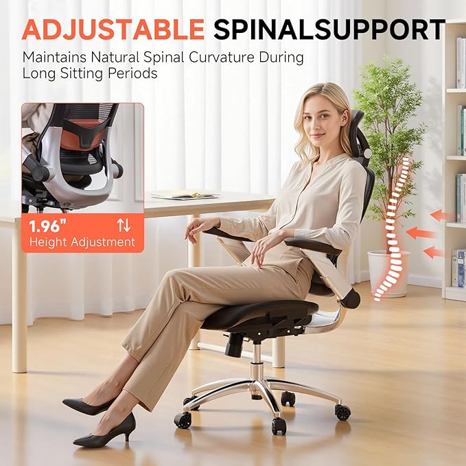 COMHOMA Big and Tall Ergonomic Mesh Office Chair, High Back Home Desk Chair Computer Gaming Chair with Headrest, Flip-Up Arms, 90-125° Tilt Lock and Wide Cushion, Task Chair for Man Woman- Black